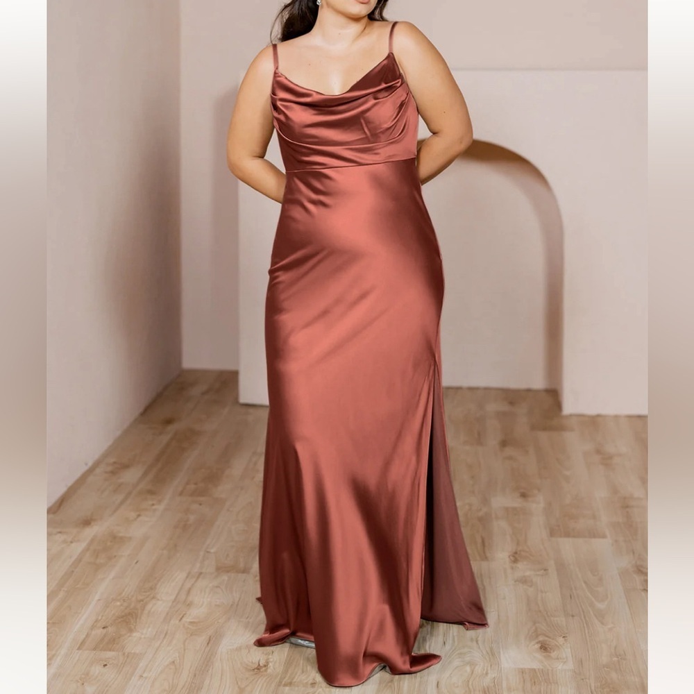 NWT Revelry Skye Satin Cinnamon Rose Cowl Neck Maxi Bridesmaid Dress